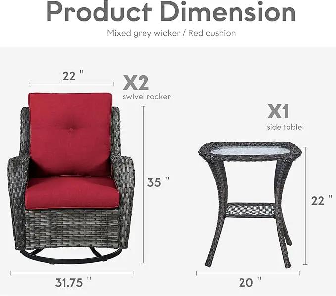 Outdoor Swivel Rocker Wicker Chairs Set of 3, High Back Swivel Patio Chairs Wicker Furniture Set, 2 PCS Rattan Swivel Rocking Chair with Side Table, Red Cushion by GreenHaven Gardens