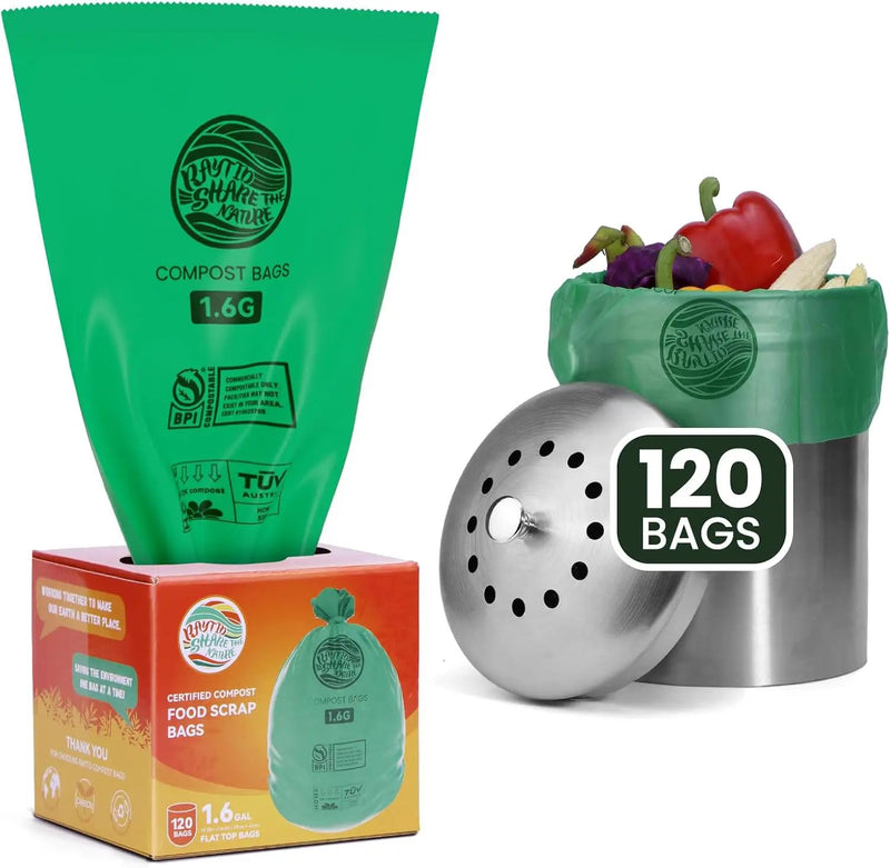 RAYTID 120 Counts 1.6 Gallon (1.6-1.75-2 Gal) Compost bin kitchen Bags, Strong compost bags for countertop bin, Fit 4.5,6,7,8 Liters.ASTM D6400, US BPI and Europe OK compost HOME certified by GreenHaven Gardens