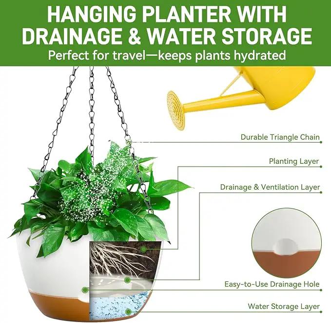 10 Inch Hanging Planters for Indoor & Outdoor Plants (2 Pack) - Self-Watering & Drainage Flower Pots with 2 Kinds of Plant Hangers for Home Decor & Garden (White, 10 in) by GreenHaven Gardens