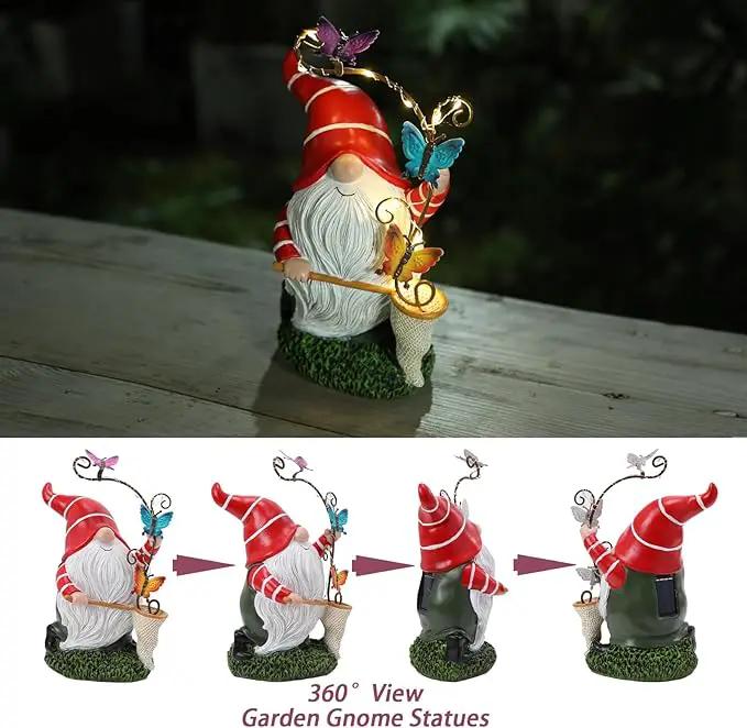 Garden Gnome Statue, Solar Funny Gnomes Figurine Catching Butterflies with LED Lights Waterproof Resin Outdoor Decor for Patio Lawn Yard Home Tabletop Decoration by GreenHaven Gardens
