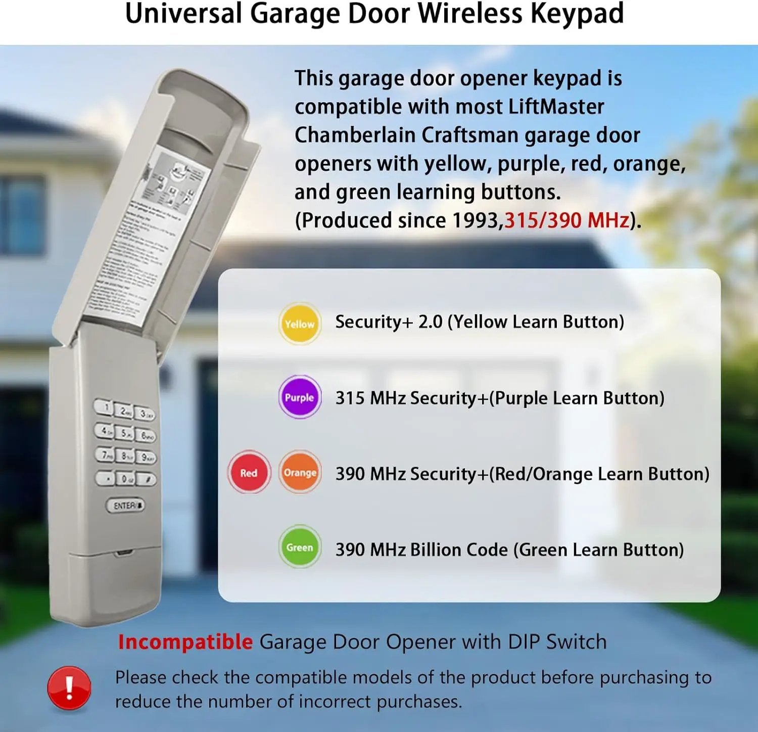 Garage Door Opener Keypad Replacement for Liftmaster Chamberlain Craftsman Garage Door Opener Keypad Wireless Keyless Entry with 315/390 MHZ Learn Button Since 1993 by GreenHaven Gardens