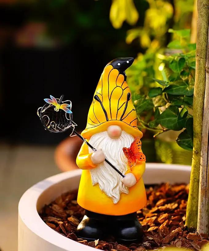 Solar Gnome Statues Outdoor Decor: Garden Figurines Sculpture with Glowing Butterfly and Catching Dragonfly for Yard Porch Patio Balcony - Gifts for Mother Grandma by GreenHaven Gardens