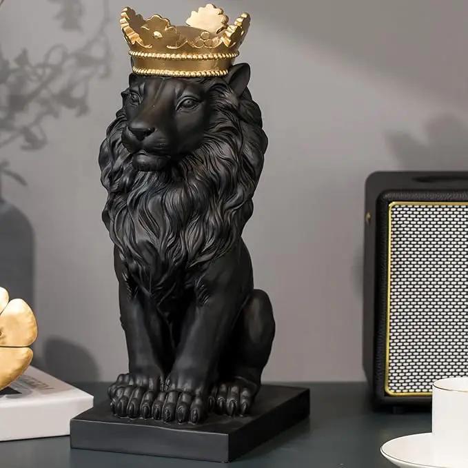 LCdecohome Lion Statue - Outdoor Collectible Figurine, 15 Inch Gold Crown Black Standing Lion Home Decor for Desk & Home Black Decor Gift by GreenHaven Gardens