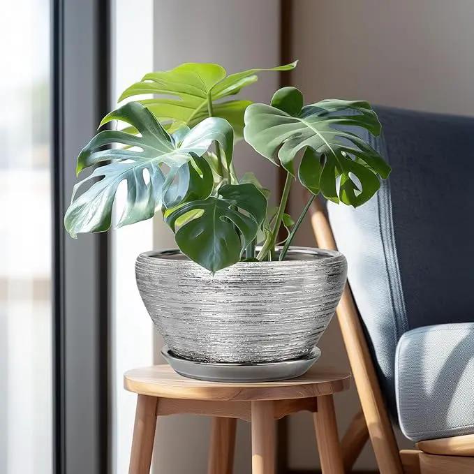 Flower Pot for Indoor Plants - Ceramic Planter 11 Inch Plant Pot with Drainage Hole and Saucer Large Decorative Planter Outdoor Mid-Century Planter for House Decor Silver by GreenHaven Gardens