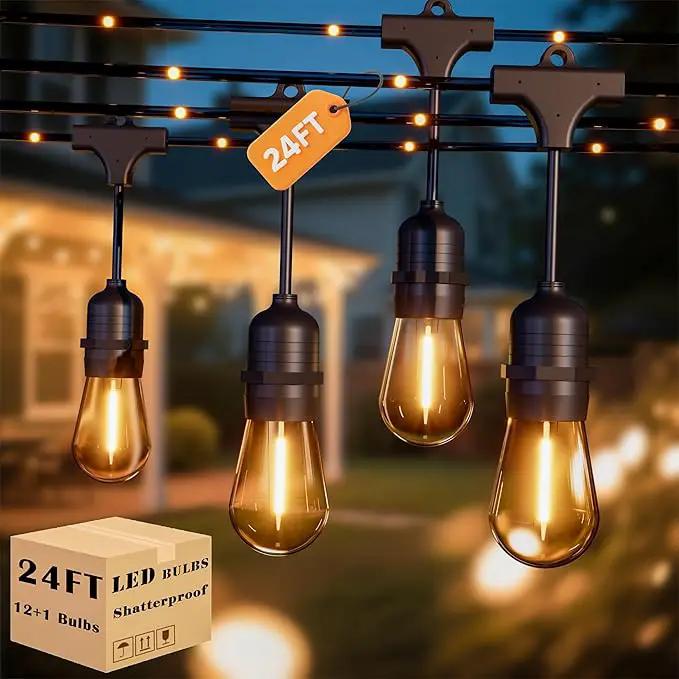 Outdoor String Fairy Lights, 24ft Dimmable Patio Lights with 12+1 S14 Retro Edison Bulbs & 72 Fairy Rope, IP65 Waterproof, LED Outside Hanging Light for Backyard Gazebo Bistro, 10 Strands Connectable by GreenHaven Gardens