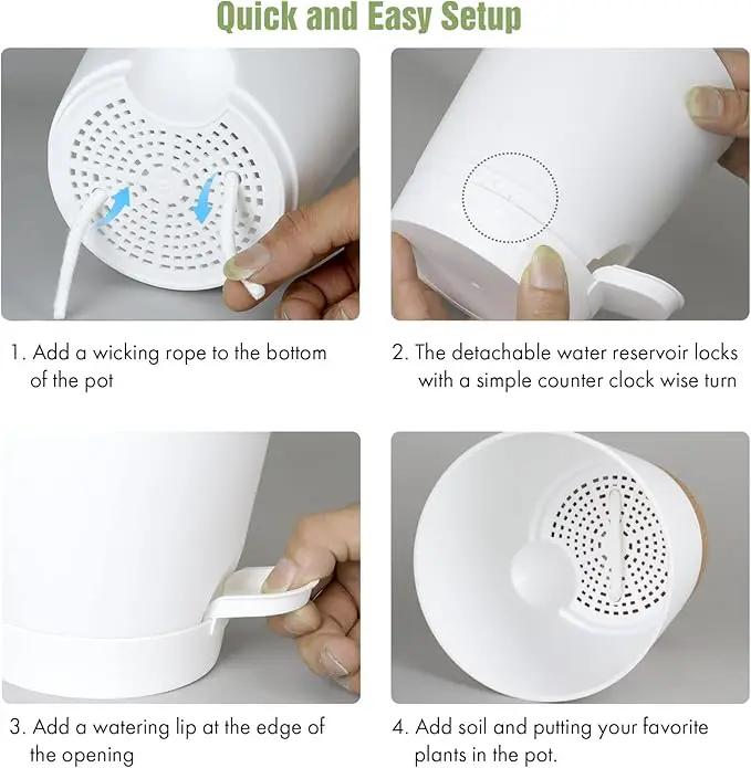 4 inch Self Watering Pots for Indoor Outdoor Plants, 6 Pack Plastic Flower Planters with Drainage Holes and Removable Saucers, Plant Pots with Wicking Rope, Modern Decor, White by GreenHaven Gardens