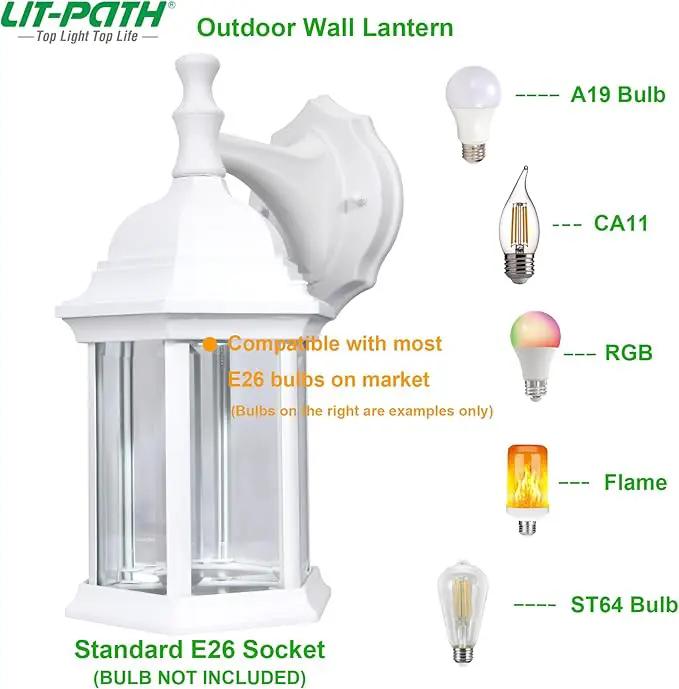 LIT-PaTH Outdoor Wall Lantern, Wall Sconce as Porch Lighting Fixture, E26 Medium Base Max 60W, Aluminum Housing Plus Glass, Matte White Finish, 1-Pack by GreenHaven Gardens