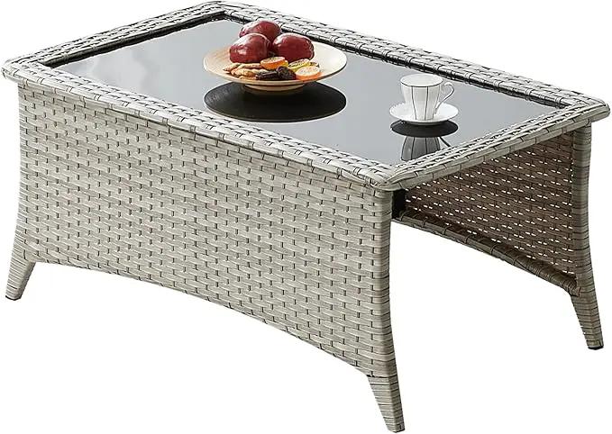 Patio Tables Wicker Coffee Table - Outdoor Rattan Coffee Tables with Glass Top for Patio Proch Deck Balcony Rectangle Light Grey by GreenHaven Gardens