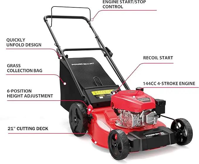 PowerSmart 21-Inch 144cc Gas Push Lawn Mower & 16-Inch 25.4cc String Trimmer/Edger with 10-Inch Brush Cutter for Grass Cutting by GreenHaven Gardens