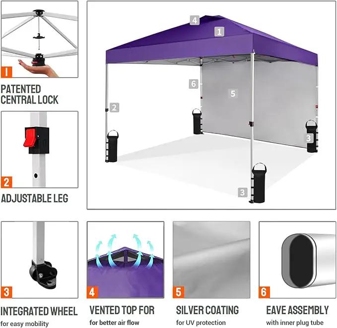 CROWN SHADES 10x10 Pop Up Canopy with 1 Side Wall - Beach Tent with One Push Setup - Outdoor Sun Shade for Events, Parties, Camping - Gazebo with STO-N-Go Cover Bag (Purple) by GreenHaven Gardens