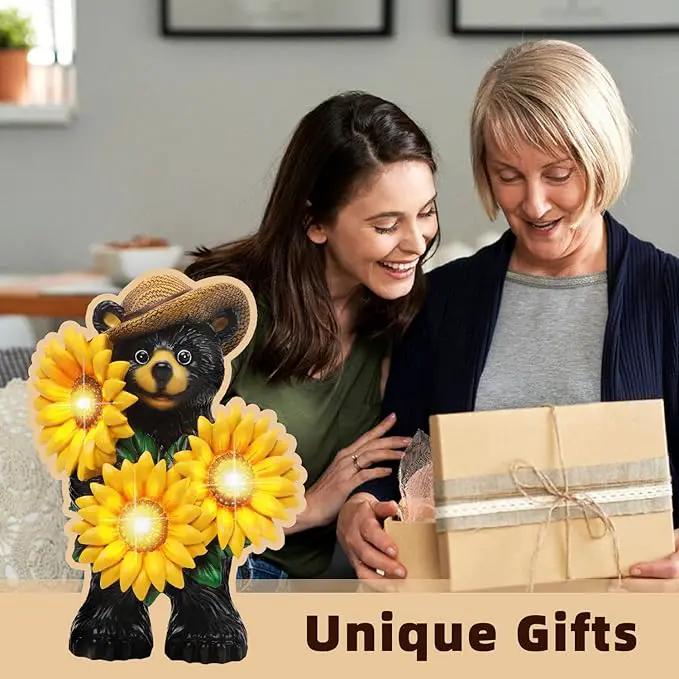 Bear Statue with Sunflowers LED Light 7.2" Solar Lamp Outdoor Garden Patio Yard Porch Lawn Decor Waterproof Resin Black Bear Figurine Unique Garden Gifts for Women Mom Grandma Sister by GreenHaven Gardens