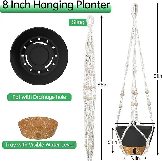 ZMTECH 2 Pack 10 Inch Hanging Planters with Macrame Plant Hanger for Indoor and Outdoor Plants, Self Watering, Drainage Hole, Visible Level Tray, Gray by GreenHaven Gardens