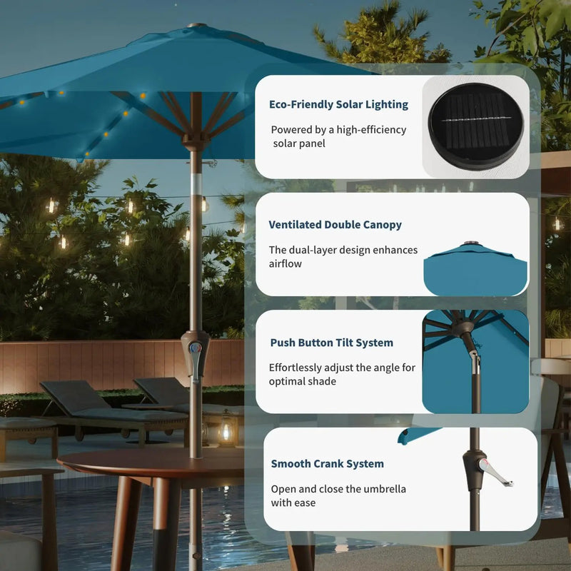 10FT Solar Umbrella 32 LED Lighted Patio Umbrella Table Market Umbrella w/Tilt and Crank, UV-Resistant Outdoor Umbrella for Pool, Garden, Deck, Lake Blue by GreenHaven Gardens