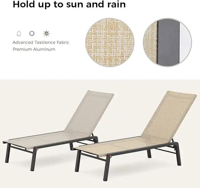 Patio Chaise Lounge Set of 2 with 4 Adjustable Backrest, Foldable Aluminum Chaise Lounge Chair Recliner for Outdoor, Poolside, Sun Tanning Flaxen by GreenHaven Gardens