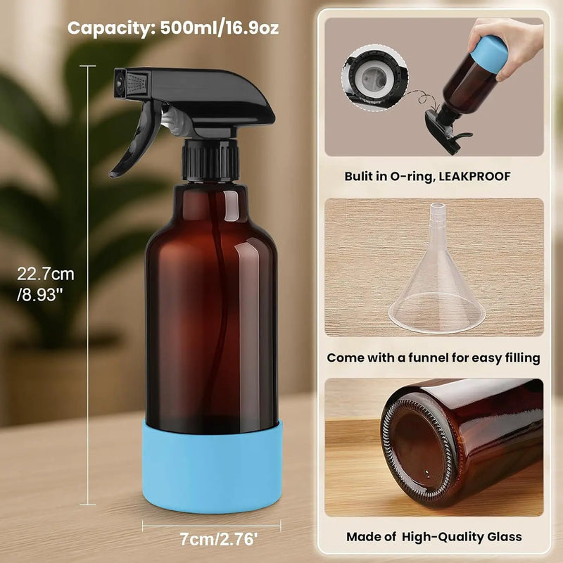 Glass Spray Bottles with Silicone Sleeve 16.9oz 2 Pack Empty Spray Bottle for Hair Mist/Stream Spraying for Cleaning Solutions, Plants, Essential Oils (Brown-sblue&black) by GreenHaven Gardens