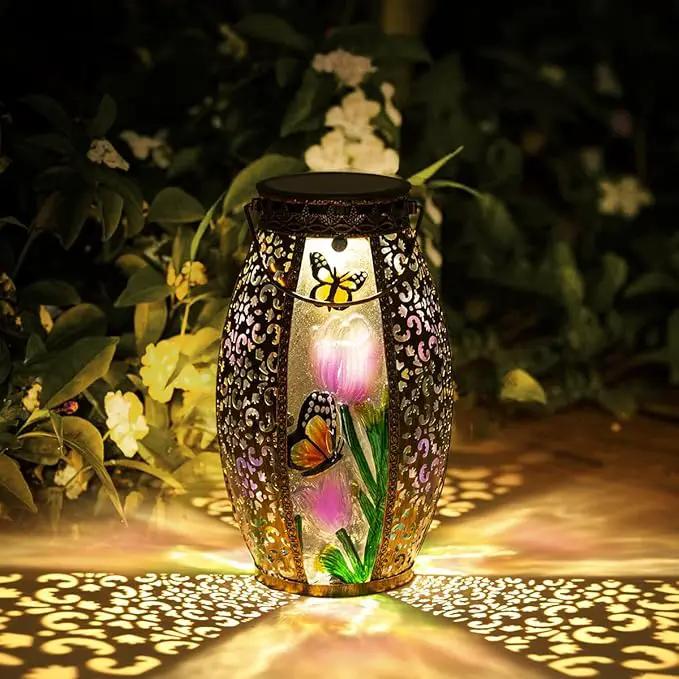 Solar Lanterns Outdoor Hanging Light - Solar Powered LED Butterfly Glass Lights Decorative Waterproof Tabletop Lampwith Hollowed-Out Design for Indoor Yard Table Patio Garden Pathway Holiday by GreenHaven Gardens