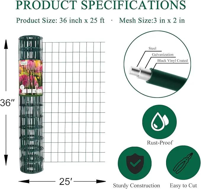 Green PVC Coated Welded Wire Fence 36 Inch x 25 Foot, 2 Inch x 3 Inch 16GA, Garden Border Fencing Roll Vinyl Coating Metal Wire Mesh for Yard Vegetable Plant Protection Poultry Netting by GreenHaven Gardens
