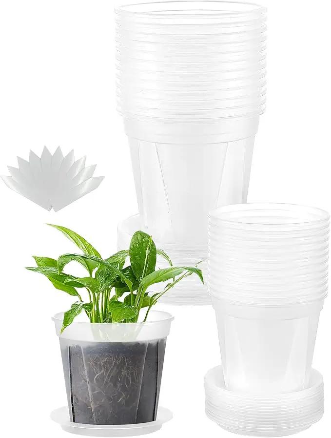 24 pcs 5/6 inch Clear Nursery pots with Trays,Thick Plastic Clear Plant pots with Drainage Holes and Saucers for Orchids,Succulents etc,Outdoor or Indoor use (5/6inch with 24 Trays) by GreenHaven Gardens