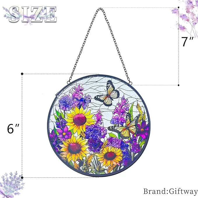 Butterfly Sunflower Stained Glass Suncatchers - Handcrafted Round Glass Art for Windows & Doors Décor - Decoration for Home Garden Christmas Party Wedding Housewarming Gifts by GreenHaven Gardens