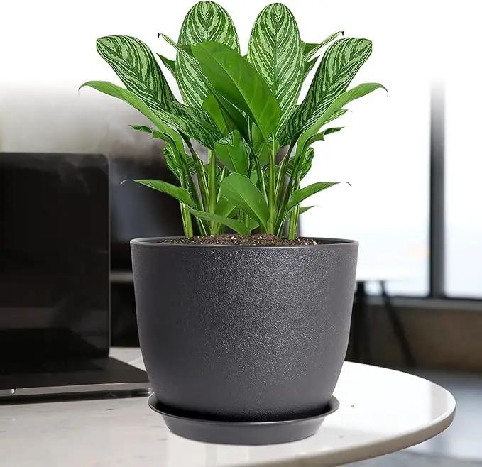 12/10/9 Large Modern Plant Pots, Plastic Planters with Drainage Holes and Saucers for Indoor Outdoor Plants Flowers, Black by GreenHaven Gardens