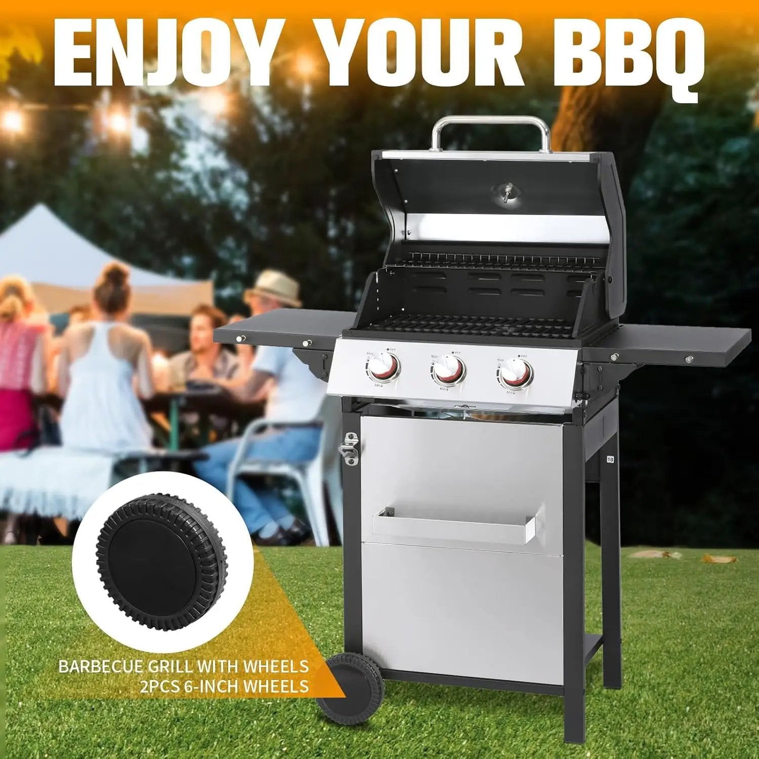 CIG GARDEN 3-Burner Propane Gas Grill,Outdoor Barbecue Grill with 2 Foldable Side Tables,Double-layer Stainless Steel Grill Lid with Cast Iron Grates,31500 BTU Output Perfect for Camping,BBQ Grill by GreenHaven Gardens