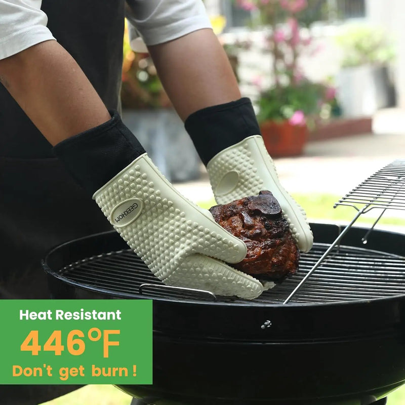 GEEKHOM BBQ Gloves Heat Resistant Oven Mitts - Silicone Grilling Gloves with 13.7" Arm Protection - Waterproof Pot Holder Non-Slip for Men & Women, Kitchen Outdoor Cooking, Baking, Camping, Mint Beige by GreenHaven Gardens