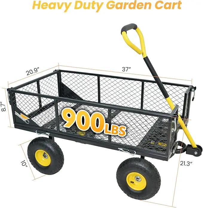 900 lbs Steel Garden Cart, Heavy Duty Yard Utility Wagon with 10" Pneumatic Tires, Removable Mesh Sides and 180° Rotating Anti-Slip Handle by GreenHaven Gardens