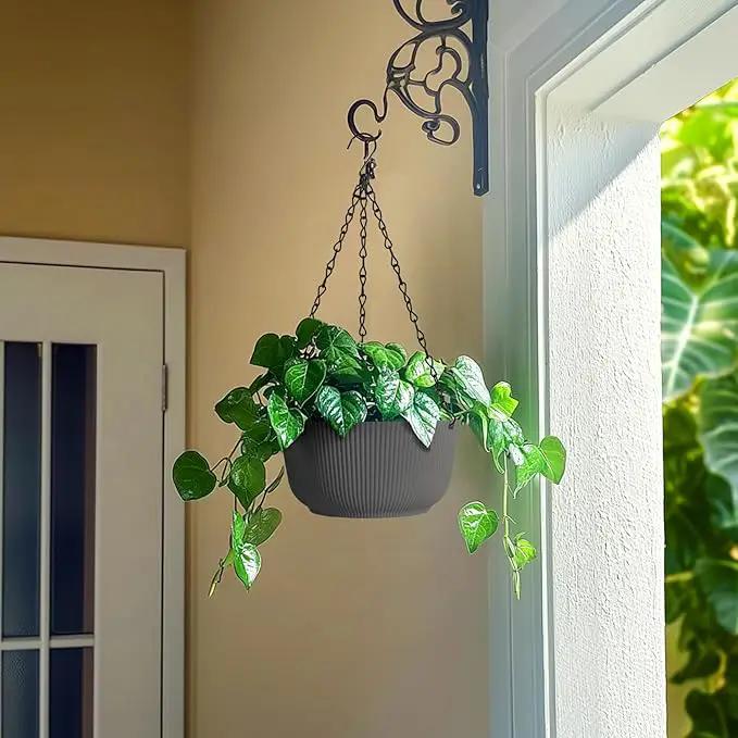 T4U 8 Inch Hanging Planters for Indoor Outdoor Plants, Self Watering Hanging Pot Pack of 2, Hanging Pots with Drainage Hole & Plug & Chain with 3 Hooks for Garden Home Decor, Grey by GreenHaven Gardens