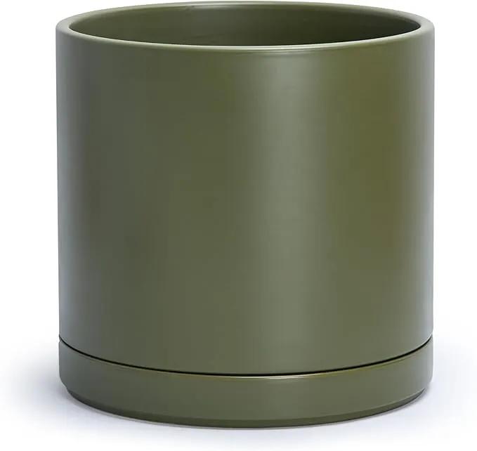 D'vine Dev 12 Inch Ceramic Planter Pot with Drainage Hole and Saucer, Indoor Cylinder Round Planter Pot, Olive, 94-O-F-J by GreenHaven Gardens