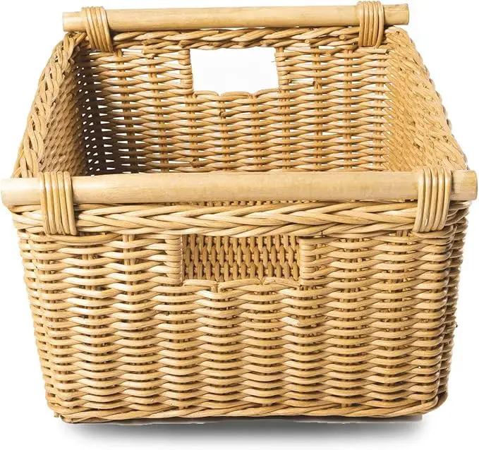 The Basket Lady Pole Handle Wicker Storage Basket, Medium, 16 in L x 12 in W x 8.25 in H, Sandstone by GreenHaven Gardens