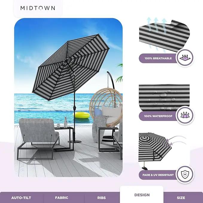 Midtown Umbrellas Sunbrella Umbrella 8 Feet Outdoor Umbrella With Sunbrella Black & White Acrylic Fabric - Auto-Tilt Aluminum Frame Patio Umbrella For Backyard, Deck, Garden, Pool - Black Pole by GreenHaven Gardens