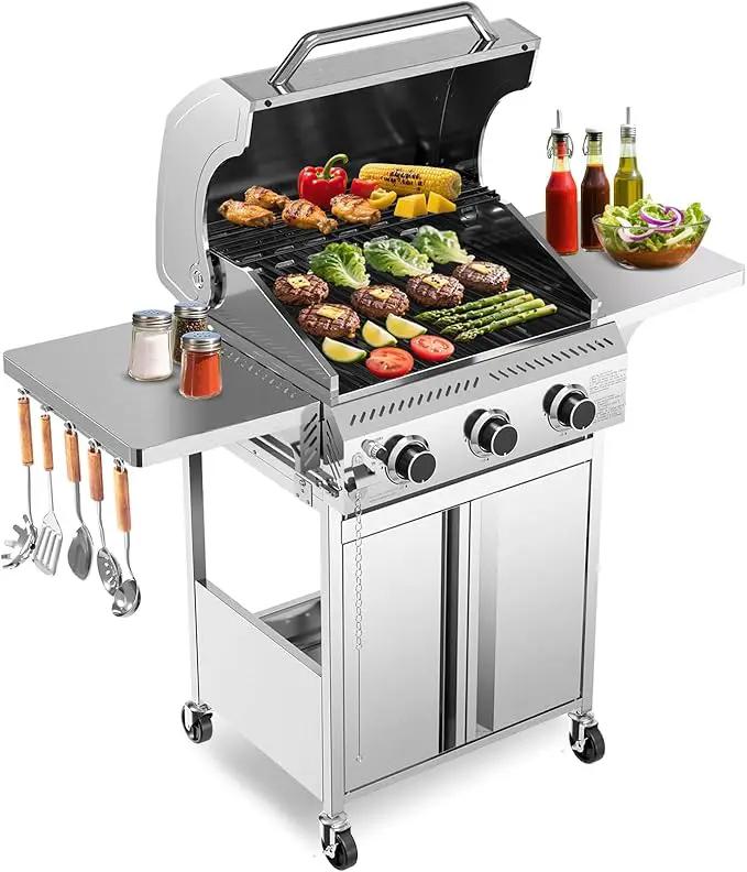 R.W.FLAME Stainless Steel Propane Gas Grill, 3 Burner 24000BTU BBQ Grills, Foldable Side Table, Enamel Wire Grate, Removable Grease Tray, Barbecue Grill for Outdoor Cooking, Backyard, Patio, Deck by GreenHaven Gardens