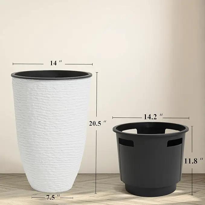 WORTH Garden 2-Pack 21" H. White Tall Planters with Inside Pots - 14'' Dia Plastic Large Round Plant Tree Pots - Decorative Imitation Stone Finish for Indoor Outdoor Front Porch Container Patio by GreenHaven Gardens