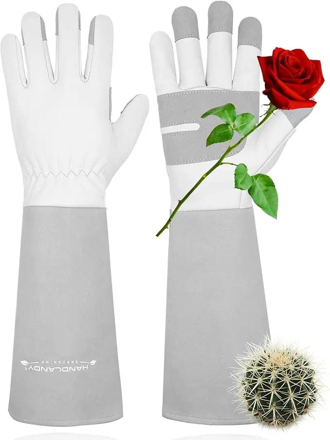HANDLANDY Long Gardening Gloves for Men & Women, Thorn Proof Rose Pruning Gloves Leather Gauntlets Garden Glove Yard Work Glove (Medium, Grey) by GreenHaven Gardens