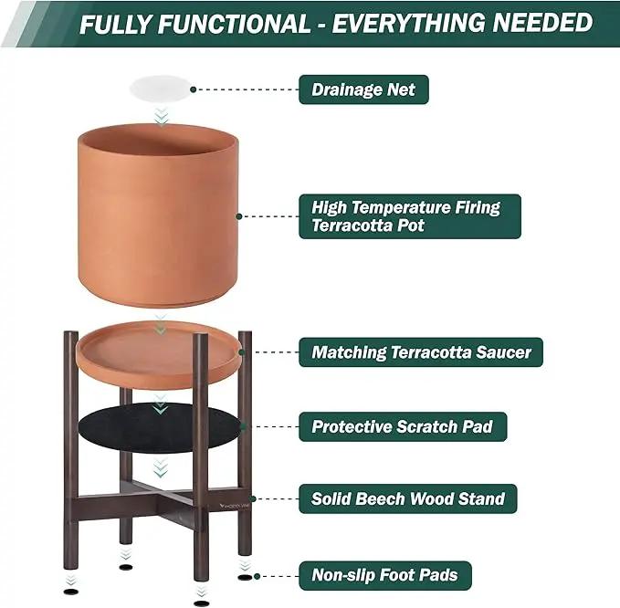 D'vine Dev Terracotta Planter with Walnut Color Stand - 12 Inch Modern Round Flower Pot with Wood Planter Holder, Terracotta, 55-B-W-5 by GreenHaven Gardens
