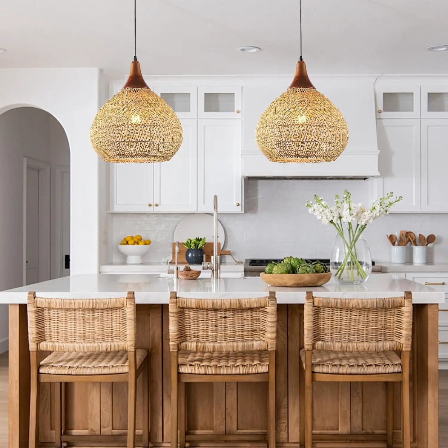 Rattan Pendant Light, 15.7" Rattan Chandelier Hand-Woven Boho Pendant Light Fixtures with Solid Wood, Basket Wicker Chandelier for Dining Room Kitchen Island Living Room by GreenHaven Gardens