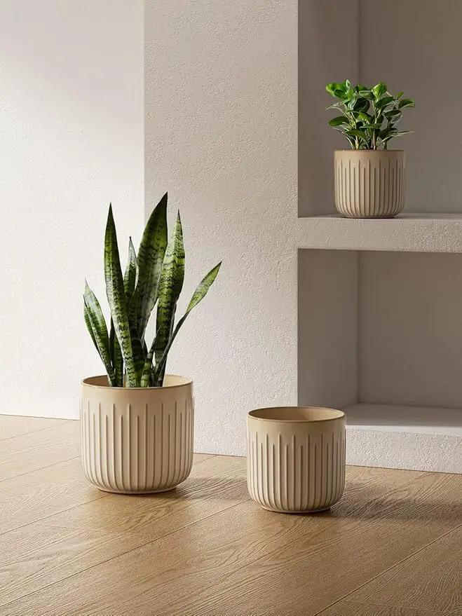 LE TAUCI Ceramic Planters, 8.3+6.9+5.7 Inch Plant Pots for Indoor Plants, Set of 3 Flower Pots with Drainage Holes, Round Planters Pot for Indoor House Plants, Reactive Glaze Cloud Cream by GreenHaven Gardens