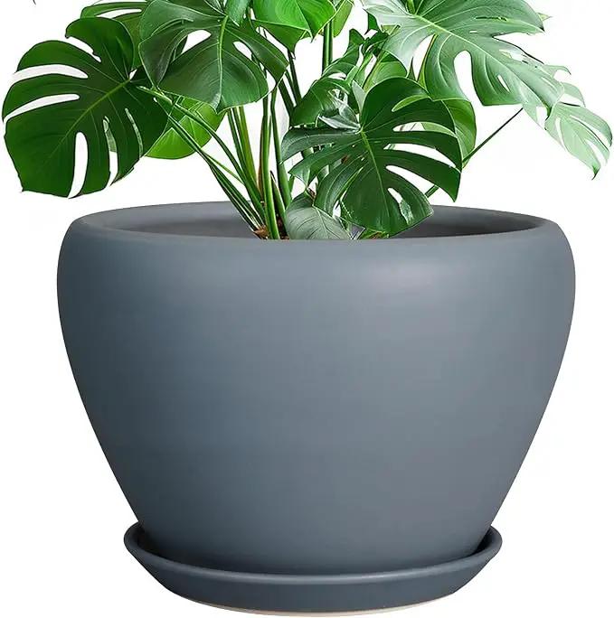 10 Inch Plant Pot - Ceramic Planter for Indoor Plants Large Plant Pot with Drainage Hole and Saucer Round Outdoor Planter Modern Flower Pot for Home Decor Gray by GreenHaven Gardens