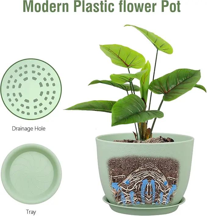 12 inch Big Plant Pots, Plastic Planters with Drainage Holes and Trays, Flower Pots for Indoor Outdoor Plants, Modern Decorative Pots for Garden House Plants, Green by GreenHaven Gardens