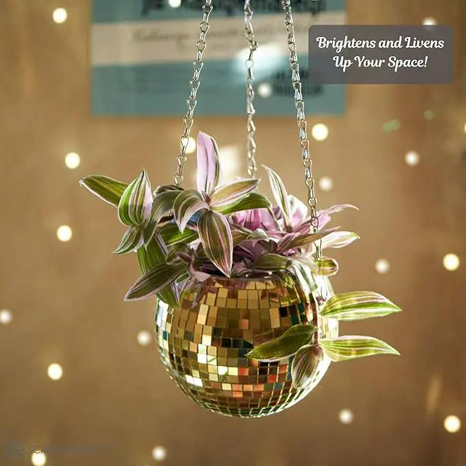 SCANDINORDICA Disco Ball Planter – Value Package: Mirror Disco Planter with Chain, Macrame Hanger and Acrylic Stand for Desk, Includes Self Watering Insert, Retro Decor | 6 inch Gold by GreenHaven Gardens