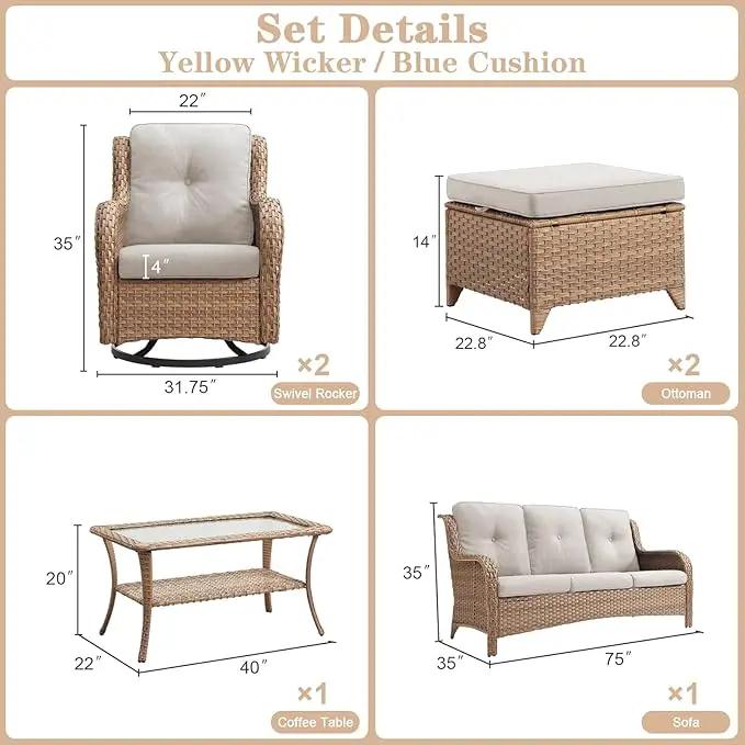 Wicker Outdoor Furniture Patio Furniture Set - 6 Piece Patio Conversation Set with Swivel Rocker Chairs, Rattan Sofa, Ottomans and Coffee Table, Beige Cushion by GreenHaven Gardens