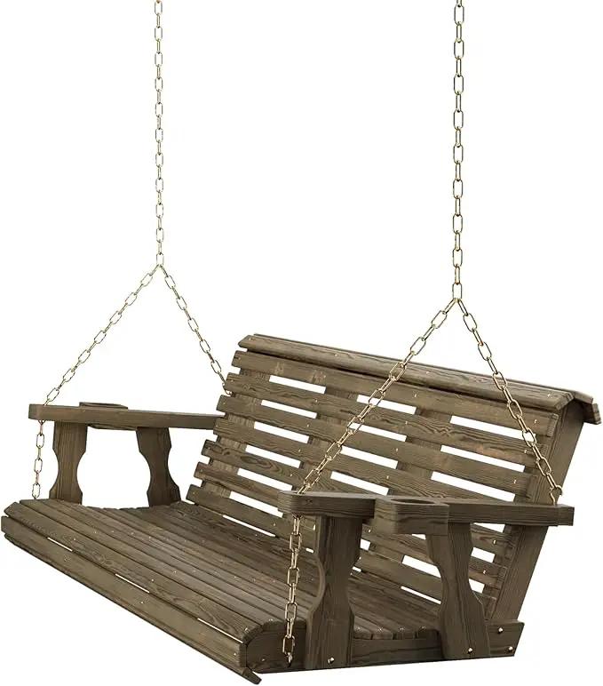 Amish Casual 6 Foot Roll Back Porch Swing with Cup Holders in Dark Walnut Stain - Amish Made in The USA from Treated Pine Heavy Duty 700 Lb. Weight Capacity by GreenHaven Gardens