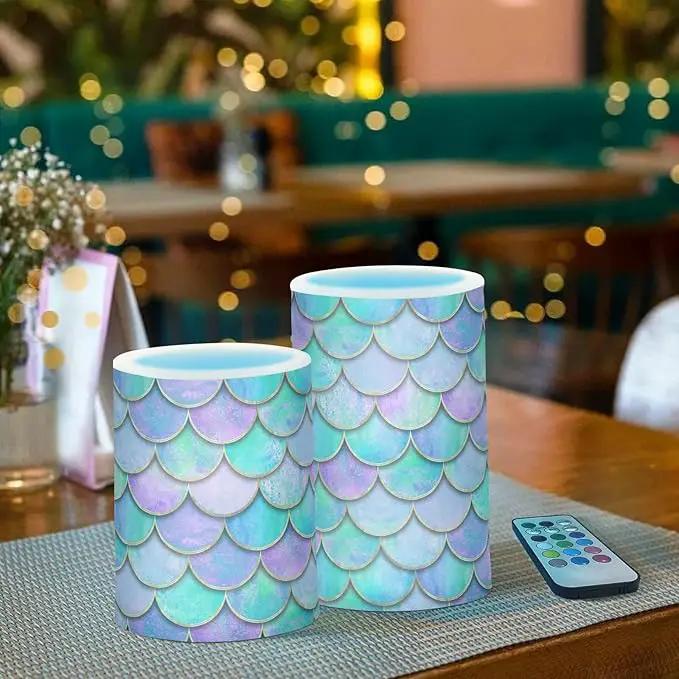 Vdsrup Flameless Candles Set of 2 Purple Teal LED Candles with Timer Battery Operated Mermaid Scale Candle Lights Flickering with Remote for Home Bedroom Decor by GreenHaven Gardens