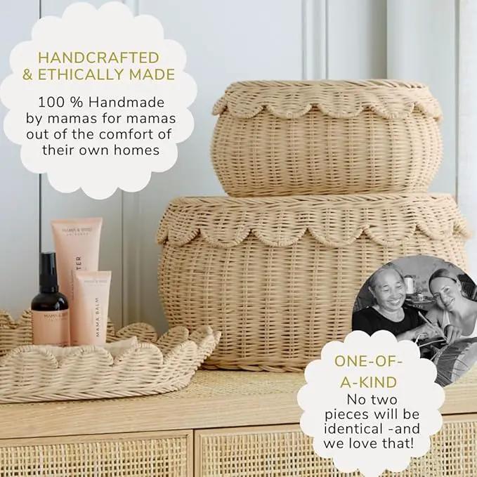 BEBE BASK Large Scalloped Basket Set Of 3 - Hand-Woven & Award-Winning Scallop Basket - XL - Extra Large for Blankets 22 x 16 x 10 In - Elegant Wicker With Scalloped Edge Lid (Natural) by GreenHaven Gardens