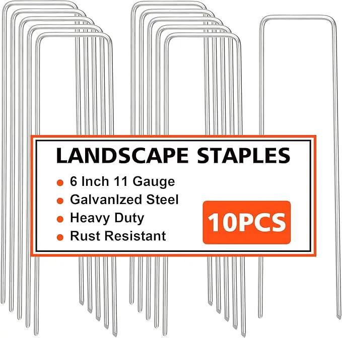 Landscape Staples, Galvanized Garden Stakes, Plant Cover Staples, 10 Pack 6 Inch 11 Gauge Garden Staples, Anti-Rust Ground Sod Pins Lawn Yard Stakes for Securing Weed Fabric Irrigation Tubing by GreenHaven Gardens