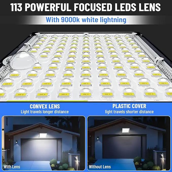 113 LED Motion Senser Outdoor Lights with 9000k Cool White Light, IP65 Waterproof, 5M Wire- Outdoor Solar Lights for Yard, Patio, Porch, Wall, and Garden, Comes with 2 Year Warranty. by GreenHaven Gardens