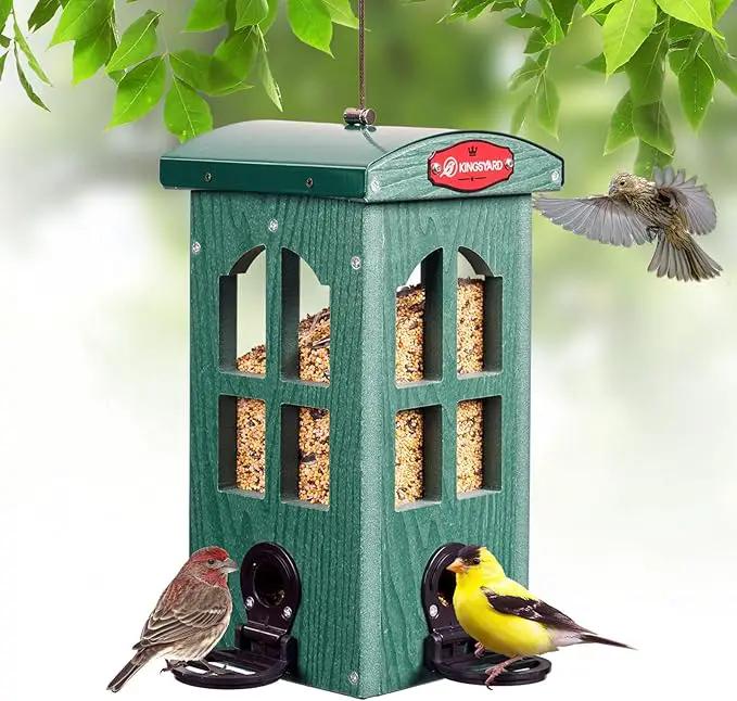 Kingsyard Upgraded Rainproof Bird Feeder for Outdoor Hanging - Metal Feeding Port, Recycled Plastic Wild Bird Feeder with Metal Mesh Tray for Goldfinch Small Bird, Garden Yard Decoration, Green by GreenHaven Gardens