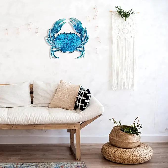 John's Studio Crab Wall Decor Outdoor Metal Bathroom Hanging Art Glass Blue Ocean Theme Decorations for Home, Pool and Patio by GreenHaven Gardens