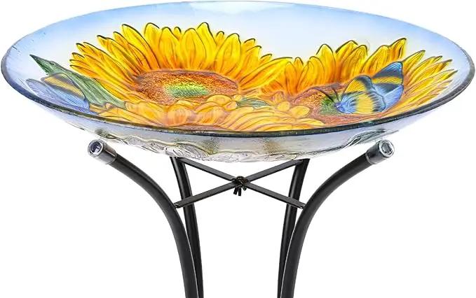 VCUTEKA Bird Baths for Outdoors, Glass Bird Bath with Metal Standing for Garden, Yards Patio Décor, Bird Lovers Gift, Sunflower Glass Birdbath Detachable (22" H * 18" W) by GreenHaven Gardens
