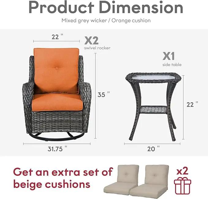 Outdoor Swivel Rocker Wicker Chairs Set of 3, High Back Swivel Patio Chairs Wicker Furniture Set, 2 PCS Rattan Swivel Rocking Chair with Side Table, Orange Cushion by GreenHaven Gardens